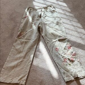 J. Jill Tan Linen Floral Embroidered Wide Leg Pants